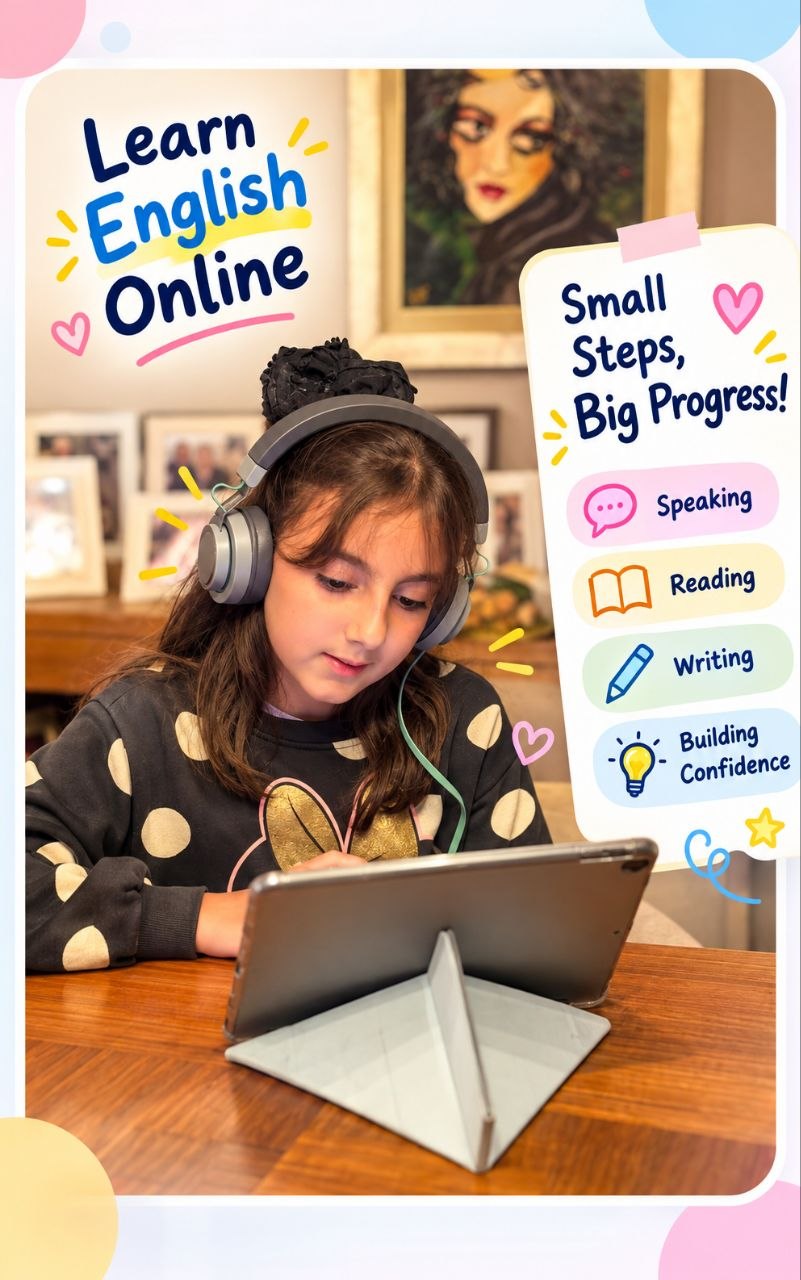 Defne learning English online with headphones and a tablet at home